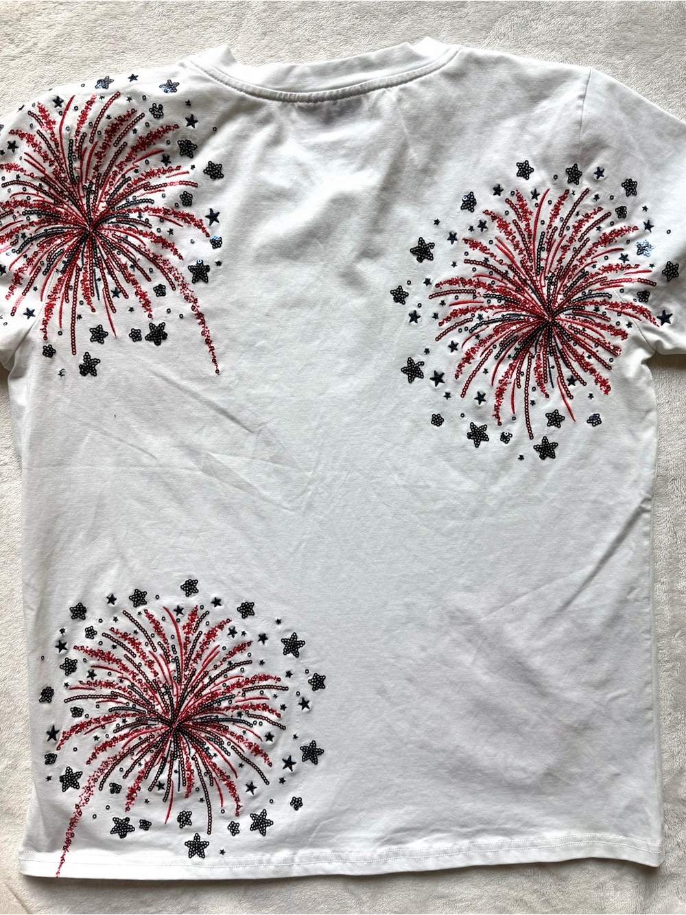 White Stretchy Tee with Red/Navy Sequin Firework Design on Front and Back - Picture 3 of 4